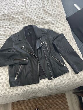 Lucky Brand Black Leather Biker Jacket with Silver Hardware